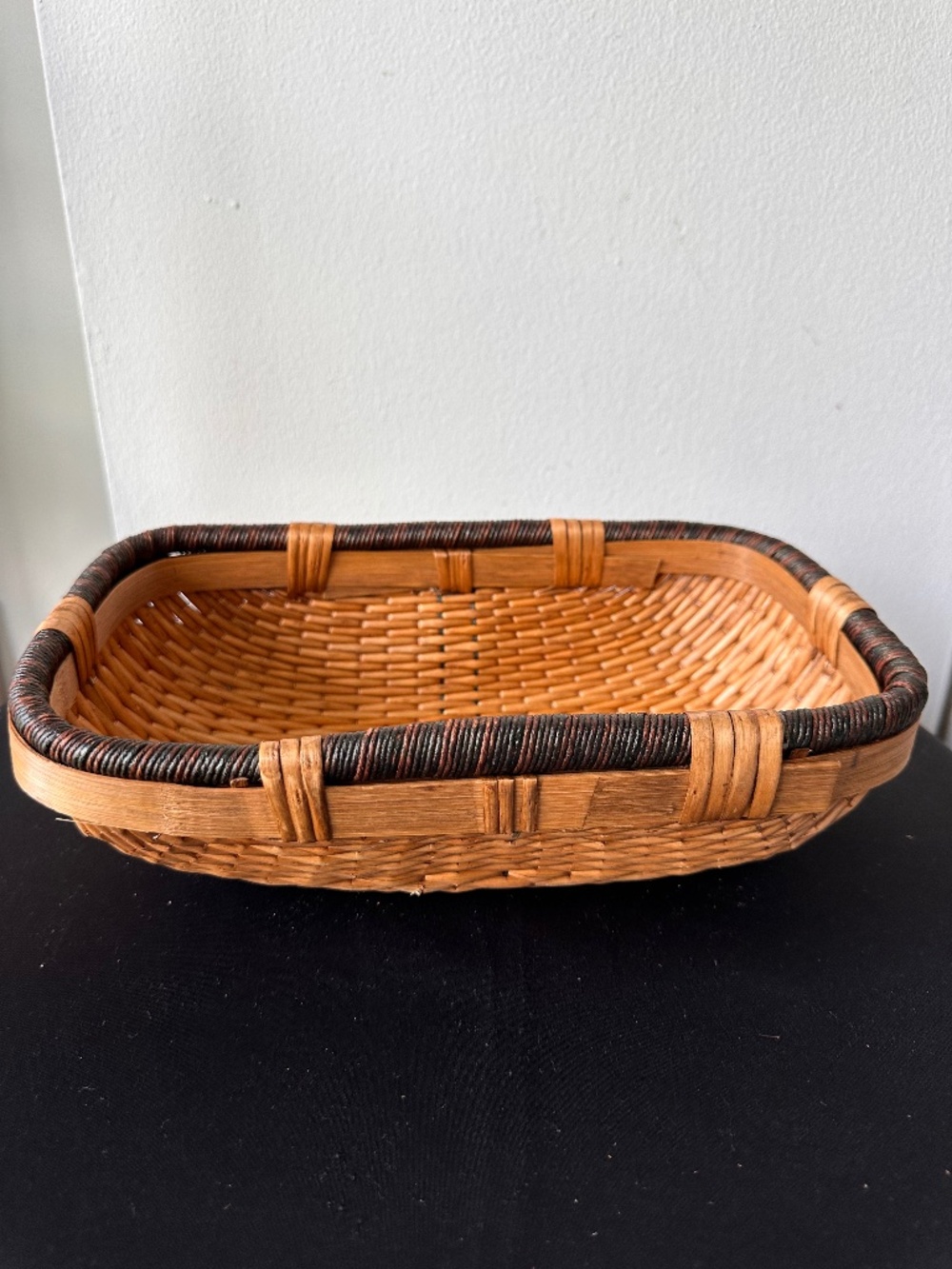 Vintage Bamboo Wicker Tray Basket Rectangular Rustic Serving Decor
